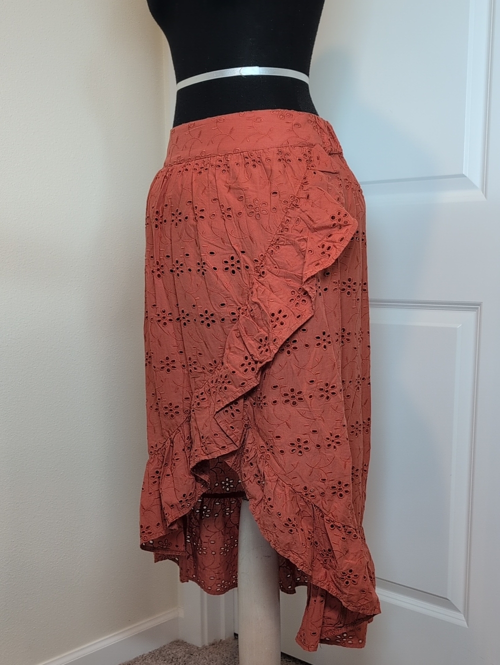 Ryegrass Eyelet High-Low Ruffle Skirt in  Foxtail Orange